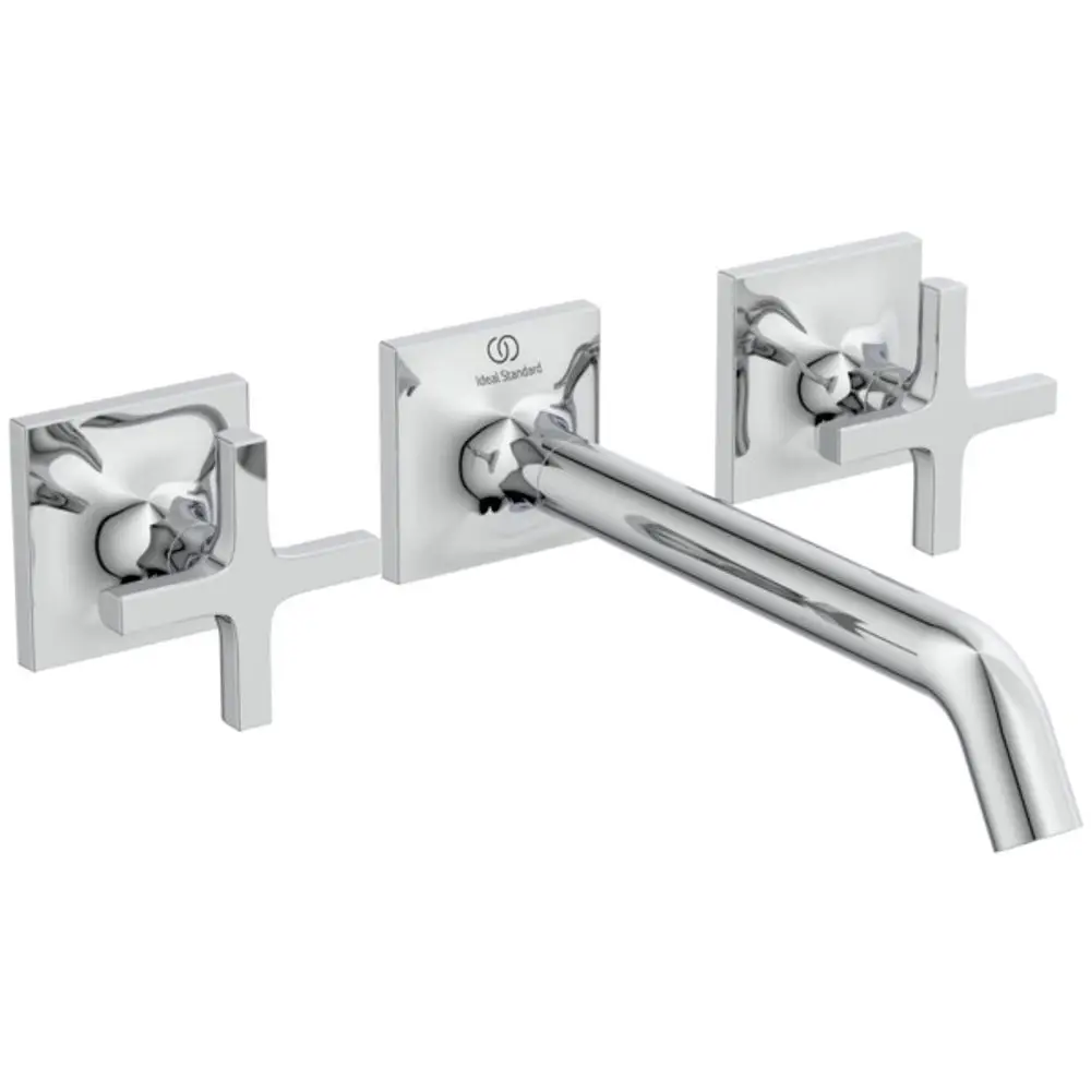 Wand-Waschtischarmatur mit zwei Kreuzgriffen und einem gebogenen Auslauf in Chrom-Finish von Ideal Standard, für eine moderne Badezimmergestaltung.